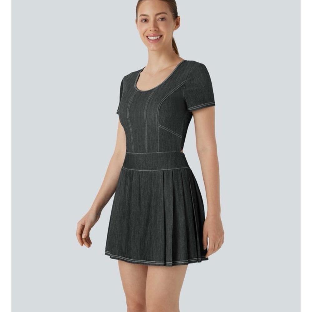 NWT Halara Black Denim Skater Dress Size S. Built in bra. Stretch mini pockets